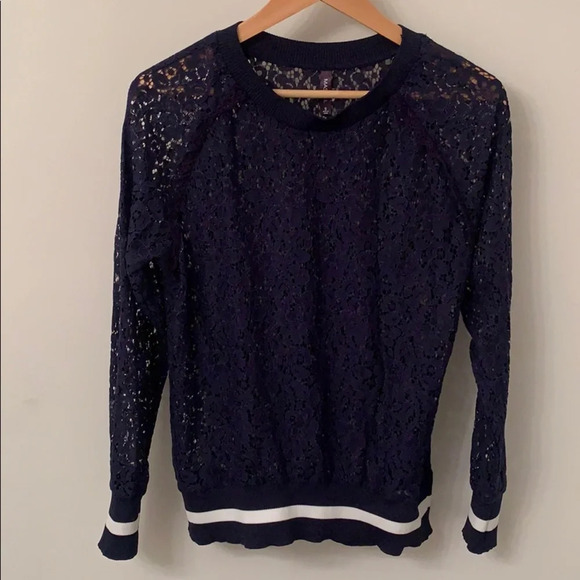 MASSINI Sheer Lace Crew Neck Navy Blue Blouse with Ruffle - Size Small - Picture 6 of 8